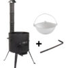 SET Feuerofen Utschak Feldküche mit Schornstein Ø ca. 40 cm + Kukmara Kazan WOK Aluguss 12 L