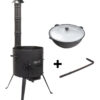 SET Feuerofen Utschak Feldküche mit Schornstein Ø ca. 40 cm + Kukmara Kazan WOK Gusseisen 12 L