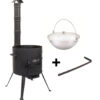 SET Feuerofen Utschak Feldküche mit Schornstein Ø ca. 45 cm H: ca. 124 cm + Kazan WOK Aluguss 15 L