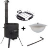 SET Feuerofen UTSCHAK mit Schornstein Ø ca. 37,4 cm + Aluguss Kazan 9 L + Grill Spiess-Aufsatz
