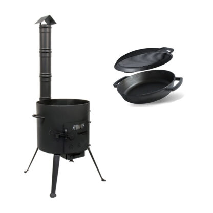 SET Feuerofen UTSCHAK mit Schornstein Ø ca. 36 cm + Gusseisenbräter mit Grill-Deckelbratpfanne