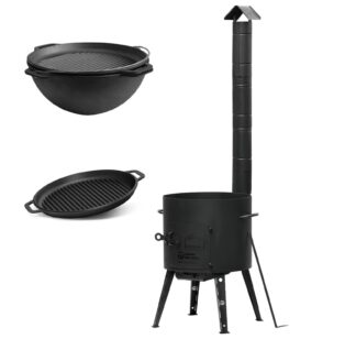 Feuerofen Ø40cm Uchag Utschak mit Abzugsrohr + Kazan WOK mit GRILL-Pfannendeckel 15L Gusseisen Ø40cm