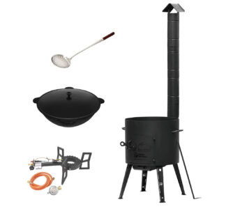 Gas-Kocher mit Utschak und Rohr + Kazan Kasan 12L Usbekisch Gusseisen Ø40cm Aludeckel + Schaumlöffel