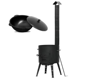 SET Feuerofen Uchag mit Abzugsrohr Feldküche + Kazan Usbekisch Gusseisen Alu-Deckel, schwarz Ø 40cm