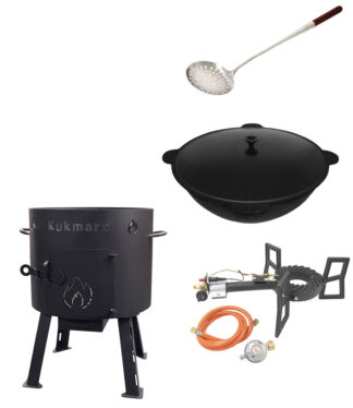 SET Gas-Kocher mit Utschak + Kazan Kasan 12 L Usbekisch Gusseisen Øca.40cm Alu Deckel + Schaumlöffel