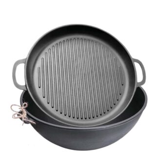 Uzbekischer Kasan aus Gusseisen 8 Liter Ø ca. 34 cm mit Grillpfannen-Deckel Kazan