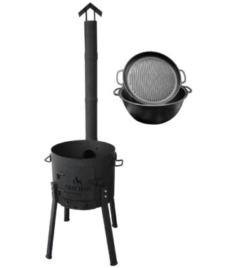 SET FiRECHAG Feuerofen UTSCHAK EXTRA HOCH mit Rohr + Kasan aus Gusseisen 18L mit Grillpfannen-Deckel