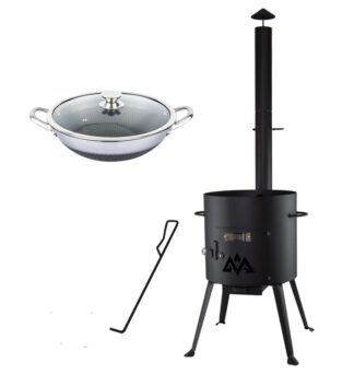 SET Utschak mit Abzugsrohr 2mm Stahl + Wok Pfanne Kazan Kasan Edelstahl Wabenstruktur Ø32cm 5 L