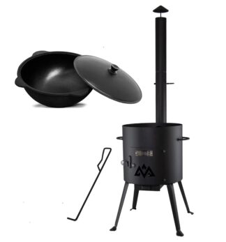 SET Utschak mit Abzugsrohr 2mm Stahl + Kazan Kasan Usbekisch aus Gusseisen Ø ca.30 cm 6 L Alu-Deckel