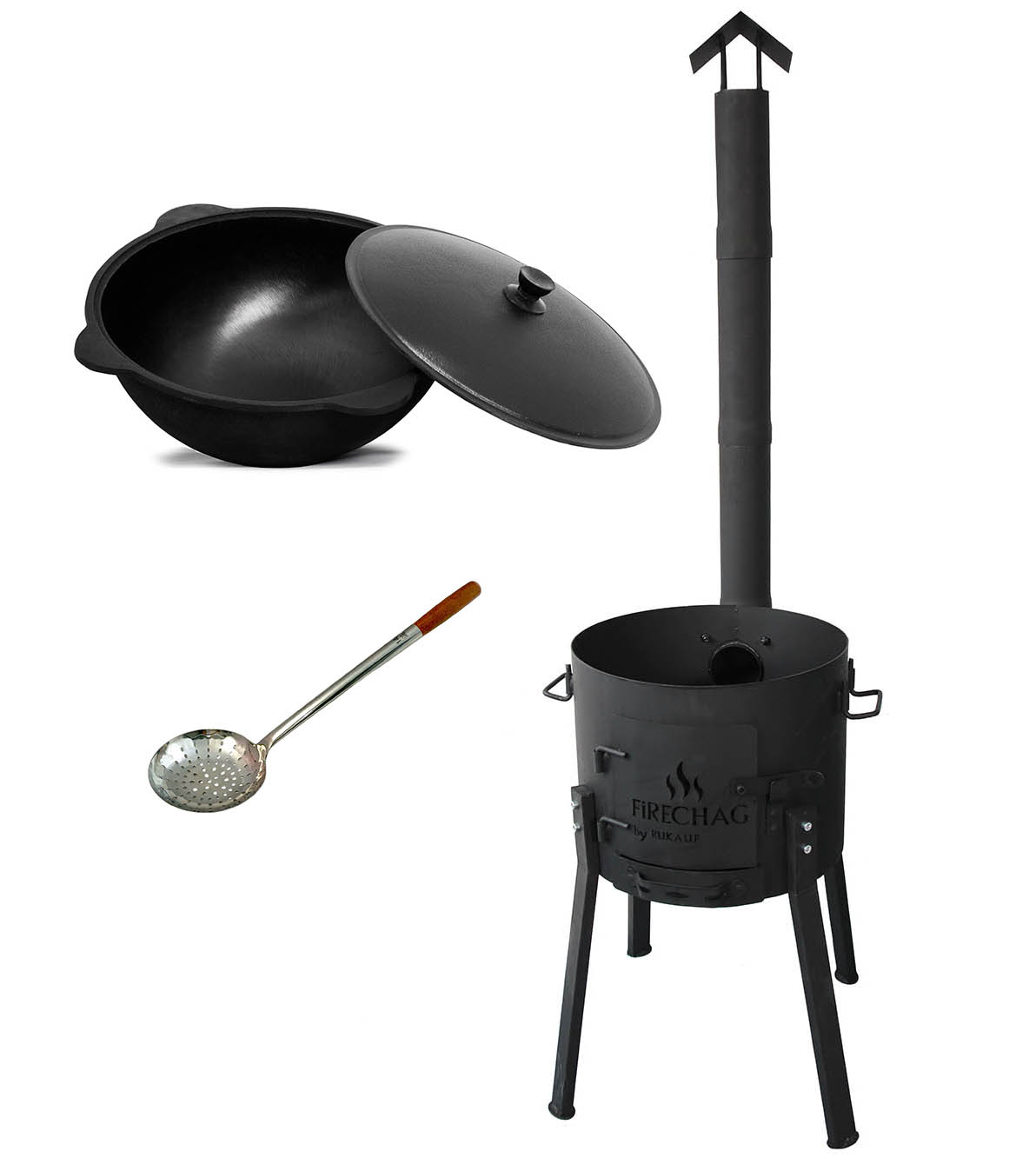 FiRECHAG Feuerofen UTSCHAK EXTRA HOCH mit Rohr + Kazan Kasan 16L mit Aludeckel + Schaumlöffel