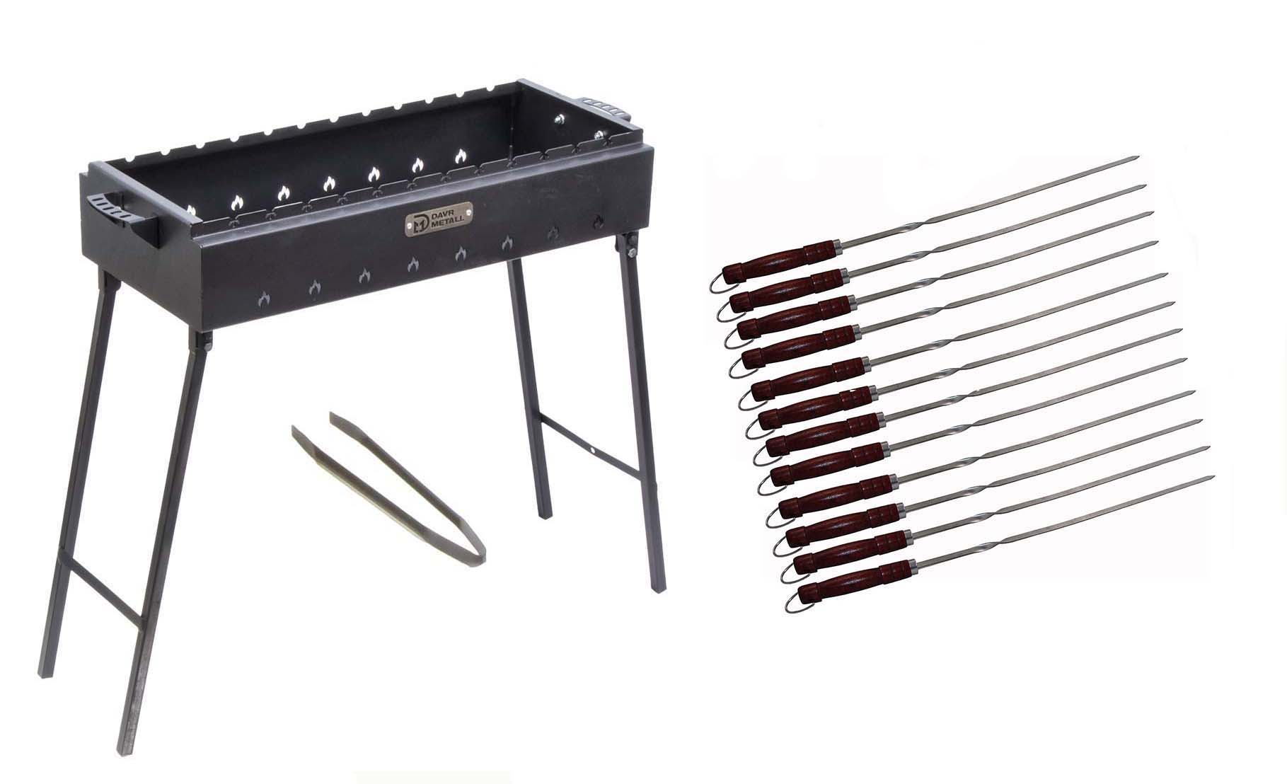 Set Mangal Holzkohlegrill 2mm Stahl LBH: 70 x 33 х 80 cm Klappbeine + 12 Grillspieße 65cm 2mm stärke