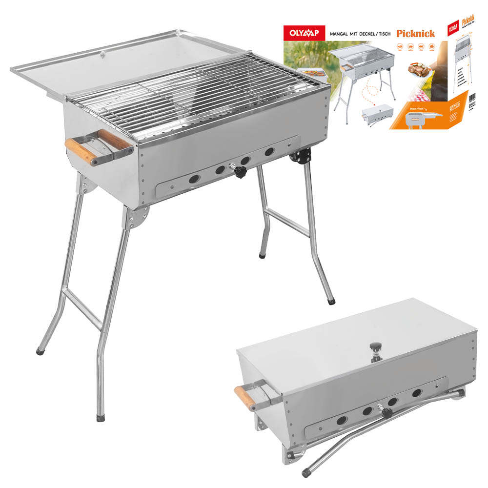 SET Mangal PICKNICK mit Klappfüßen und Kohlebehälter + Mehrfacher Drespieß Sesam II + 20 Spieße – Bild 2
