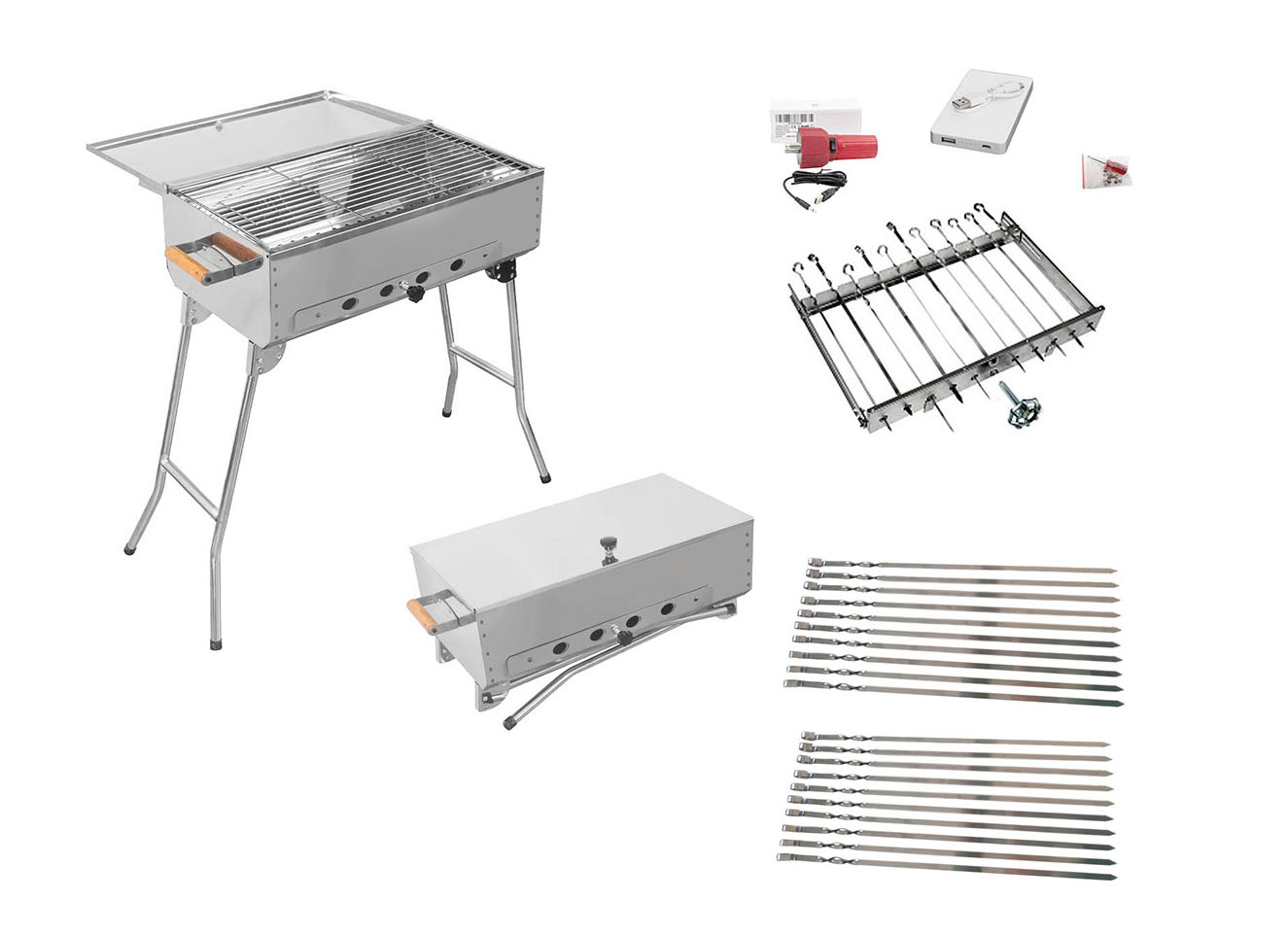 SET Mangal PICKNICK mit Klappfüßen und Kohlebehälter + Mehrfacher Drespieß Sesam II + 20 Spieße