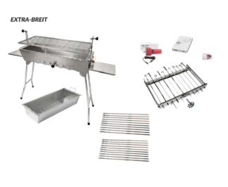 Mangal IDEAL 2026 Extra Breit 2 mm stärke + Mehrfacher Drehspieß Sesam II + 20 Edelstahl-Spieße